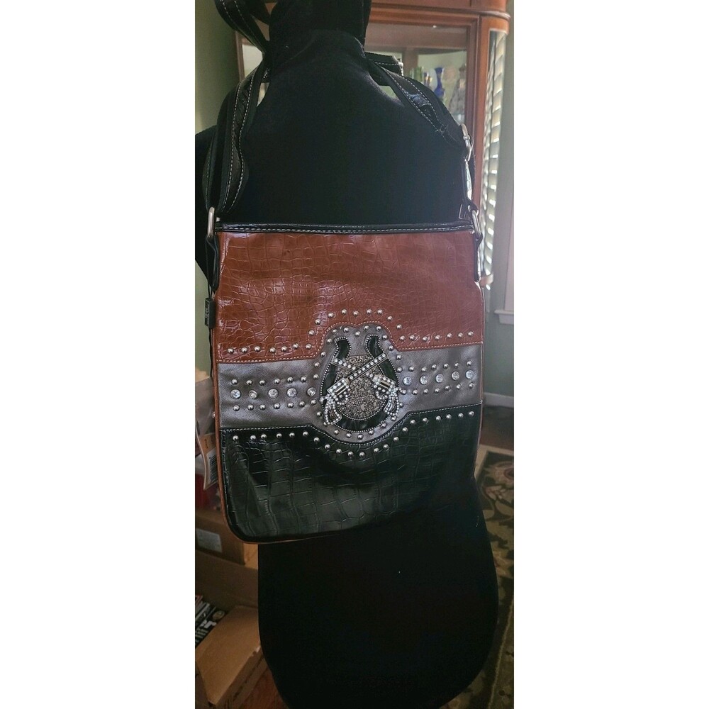 Montana West Crossbody Doublr Guns  Brown Black Rhinestone Bag Purse